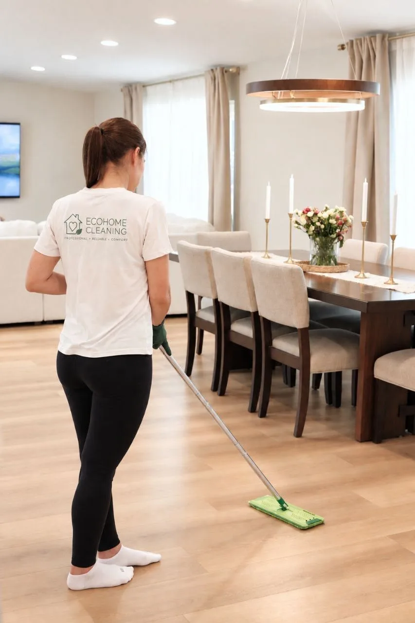 EcoHome team member in a branded shirt mopping a dining room floor